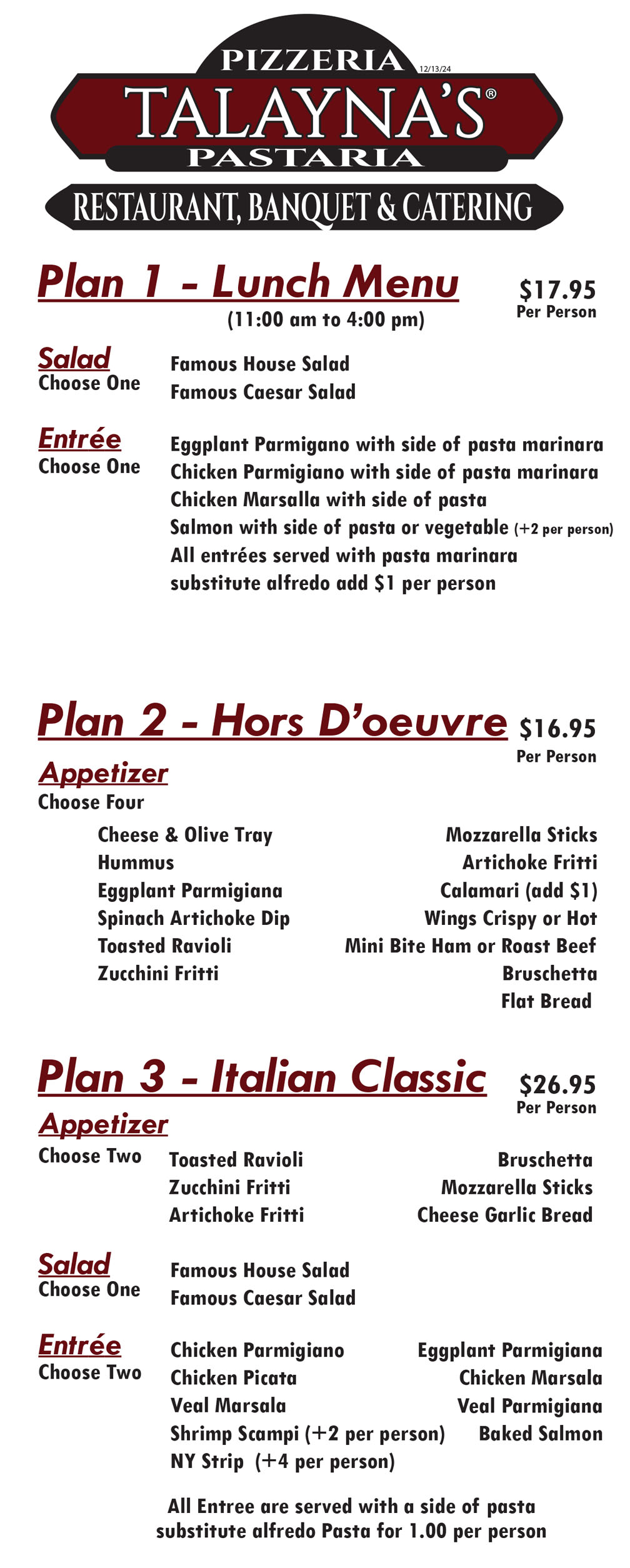  Talayna's Italian Restaurant Banquet Menu 1